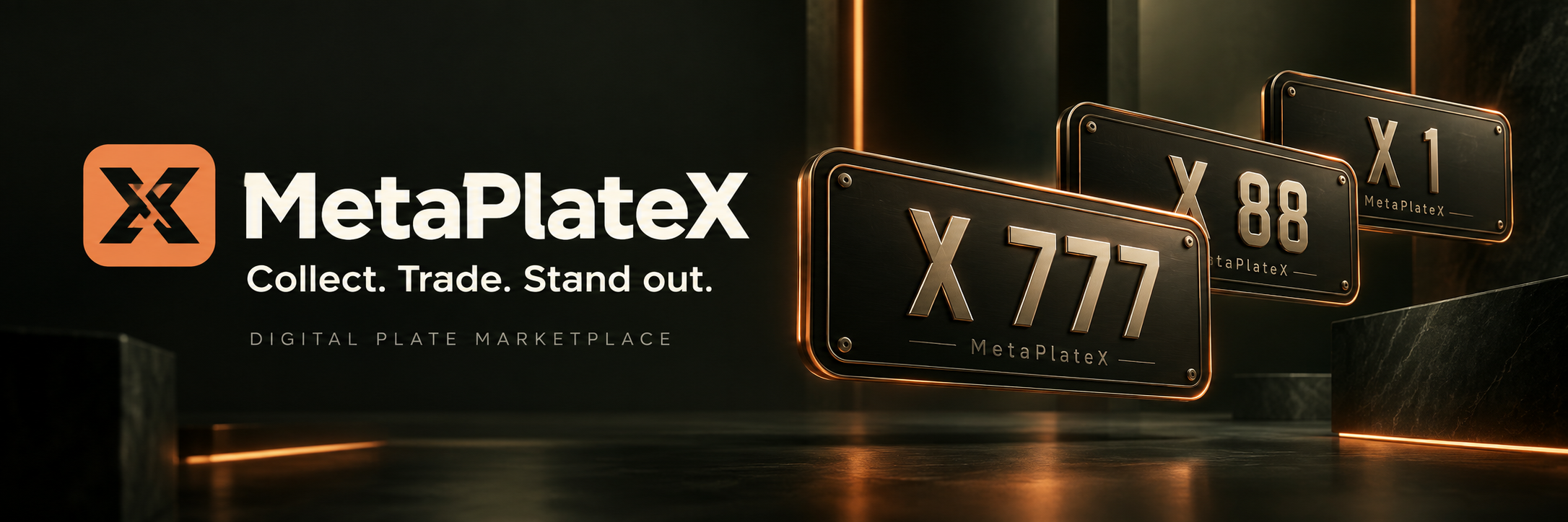 Black and gold MetaPlateX digital plates displaying X 777, X 88, and X 1